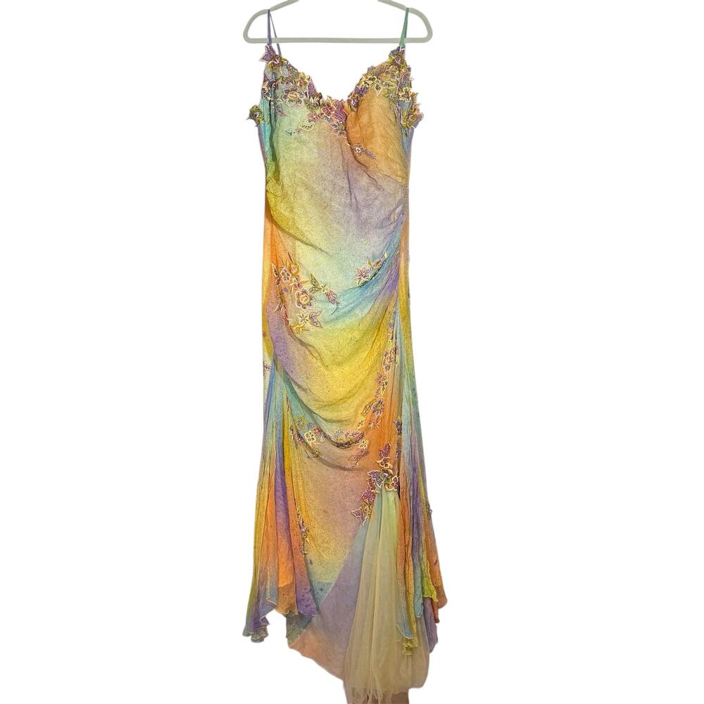 La Femme Vintage 100% Silk Rainbow Fairycore Embroidered Floral Appliqué Prom 16